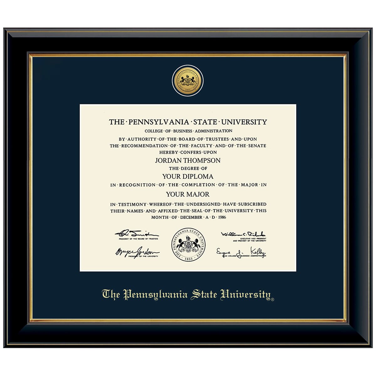 Diploma Frame, Black Onyx Finish, Navy Mat, Gold Medalion, The Pennsylvania State University